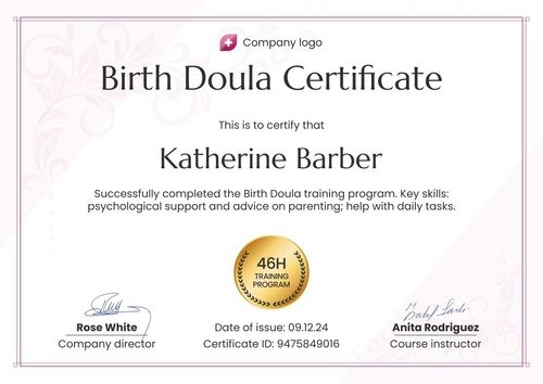 Editable and professional doula certificate template landscape Editable and professional doula certificate template landscape