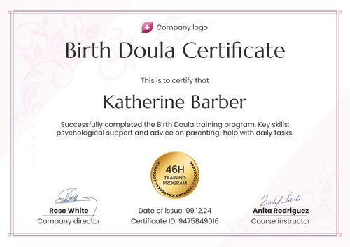 Editable and professional doula certificate template landscape Editable and professional doula certificate template landscape
