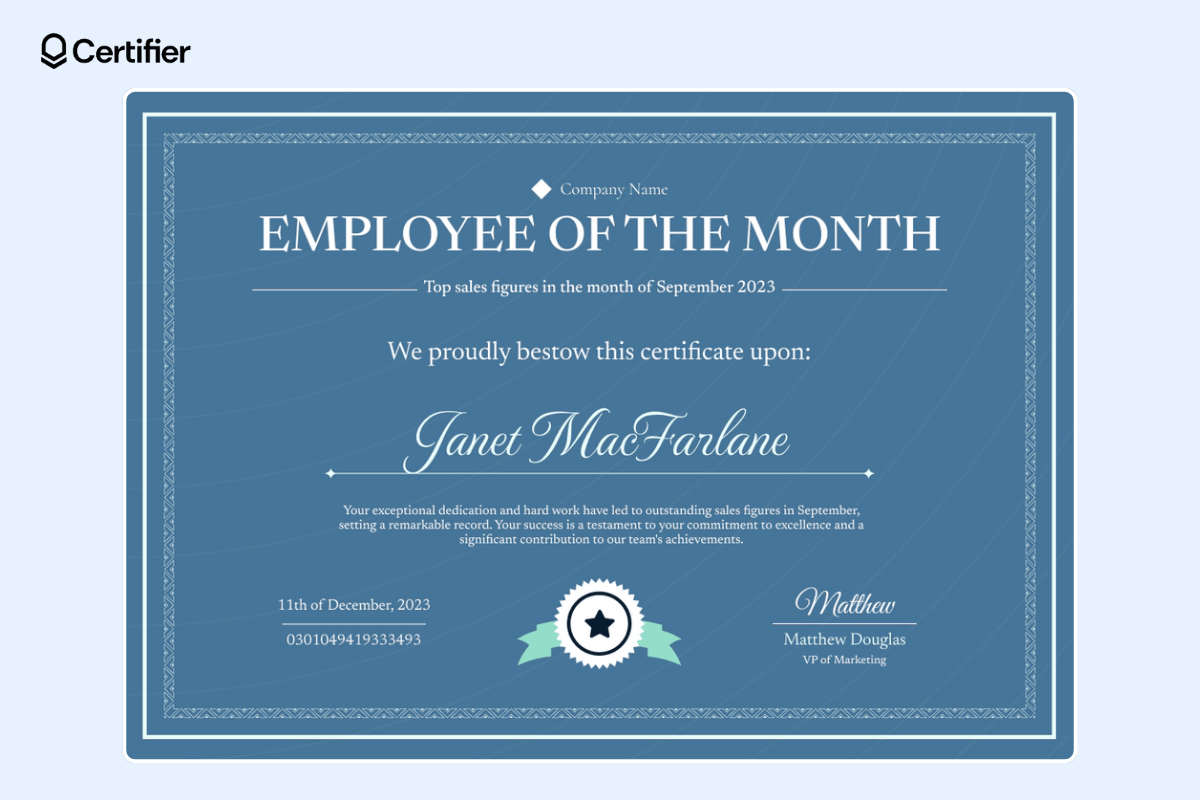 Traditional and formal employee of the month certificate template with decorative elements.