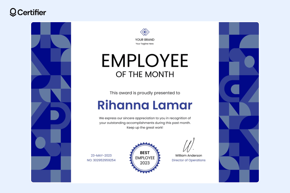 Employee of the month certificate template with blue geometric elements and badge at the center.