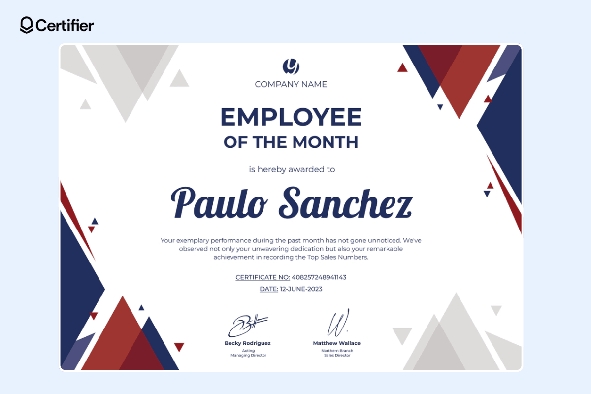 Stylish employee of the month certificate template with bold elements and place for the company's logo and signatures.