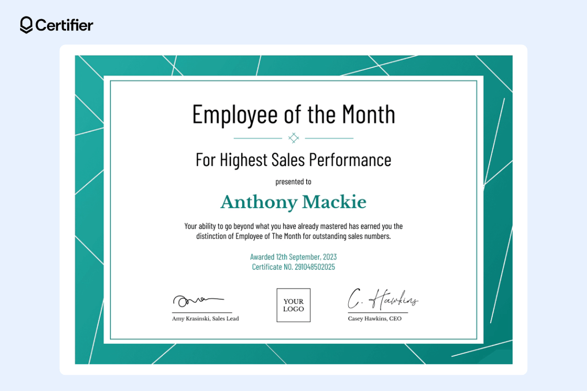 Professional employee of the month certificate template with green borders and place for the recipient's name, award title and signatures.