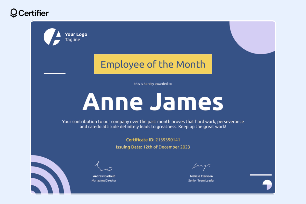 Editable employee of the month certificate template that you can customize on your own in Certifier certificate maker.