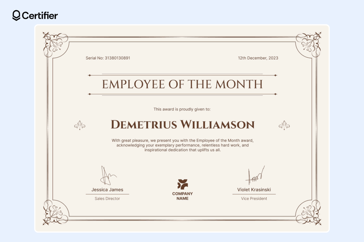 Formal and elegant employee of the month certificate template with decorative border and subtle elements.