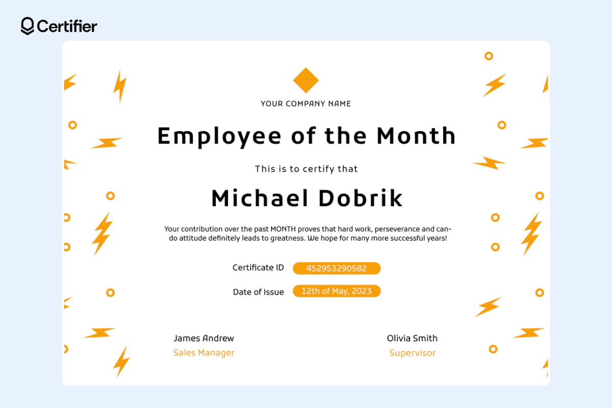Modest and simple employee of the month certificate template with yellow decorative elements and highlighted tags for certificate ID and date of issue.