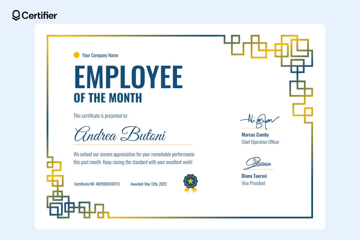 Modern and creative employee of the month certificate template with space for company's logo, signatures and certificate ID.