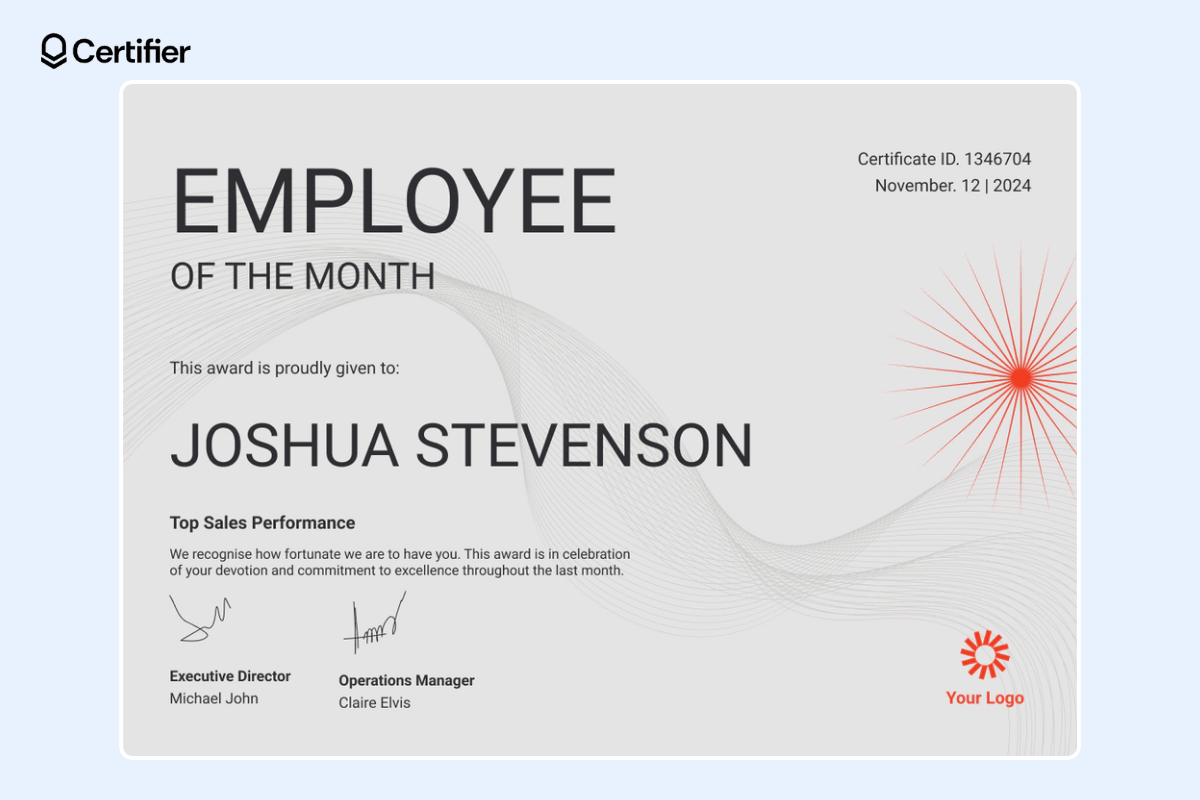 Employee of the month certificate template in grey colors and with red elements.
