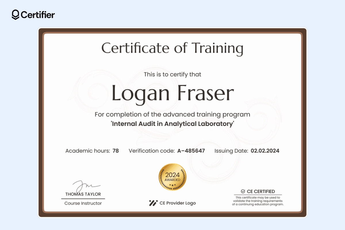 Simple and editable certificate of training with a golden badge at the center.