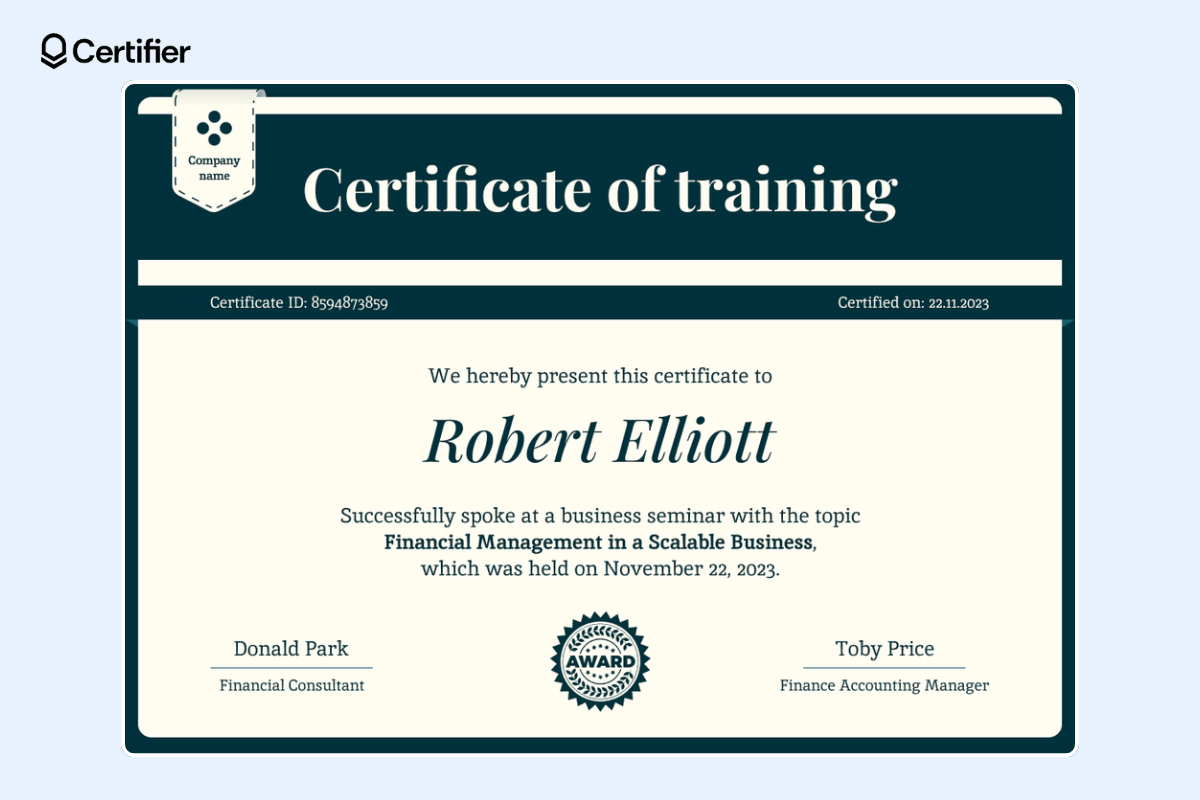 Training certificate template for colleges and schools with place for the logo and signatures.