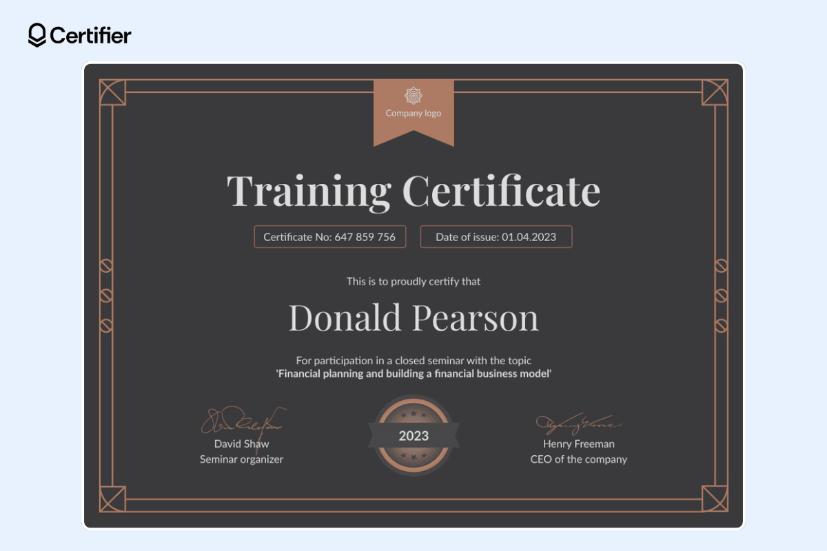 Dark training certificate template with decorative borders and subtle brown elements.