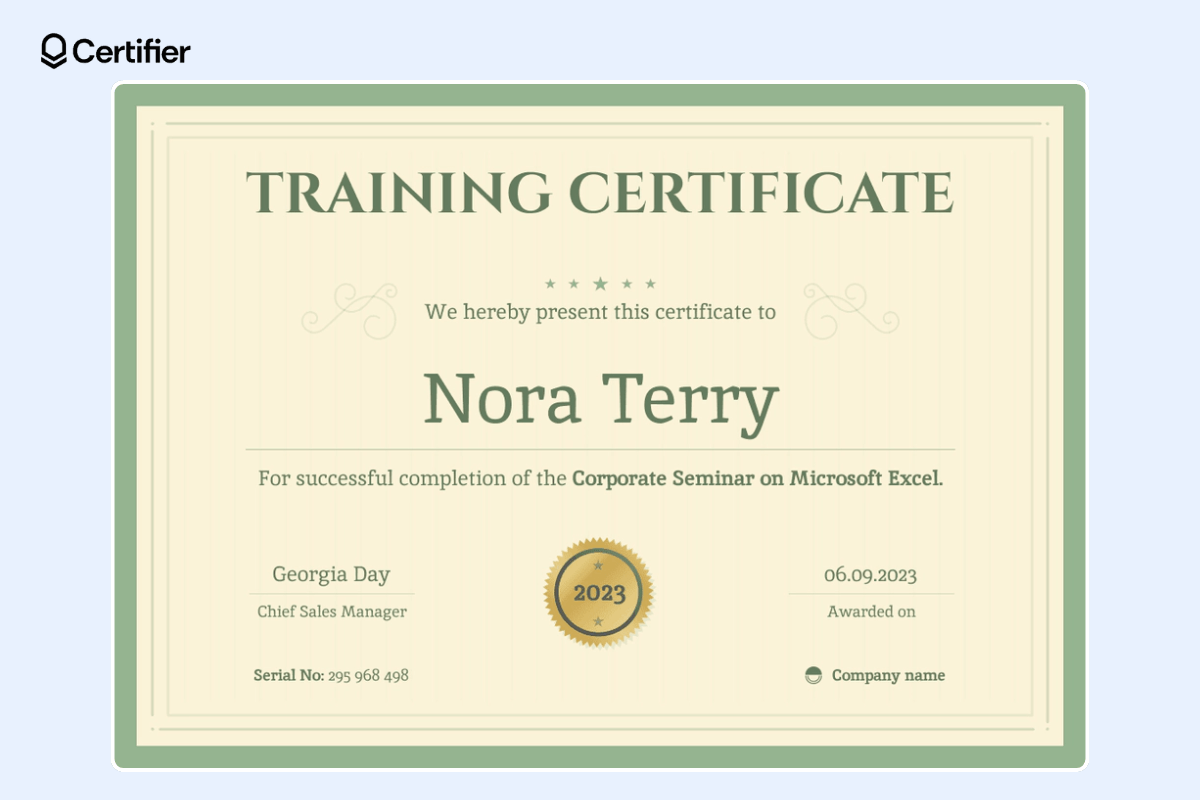 Green training certificate template with yellow background.