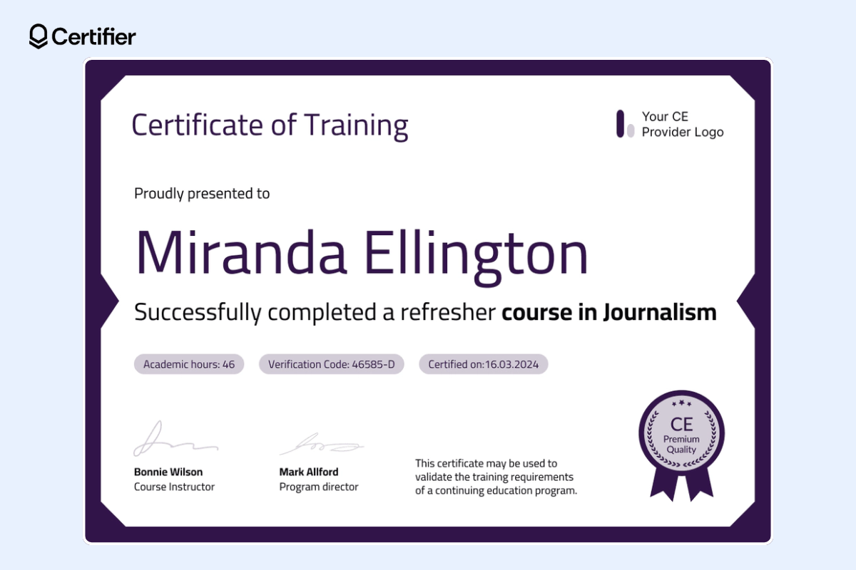 Certificate of training template with elegant elements and highlighted certificate details like certificate ID.