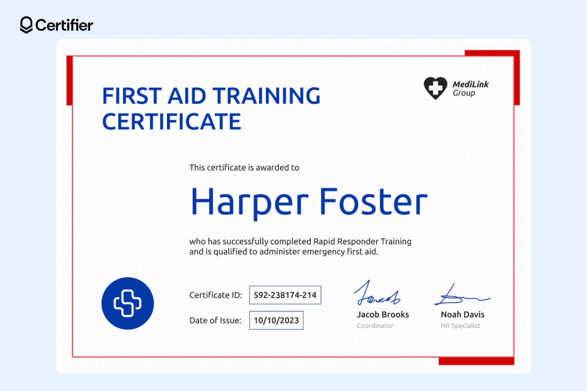 Simple training certificate for first-aid courses with subtle red and blue elements.