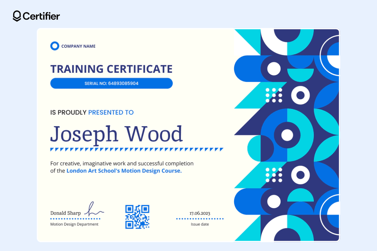 Geometric training certificate in blue, with a custom elements like QR code, signatures and company's logo.