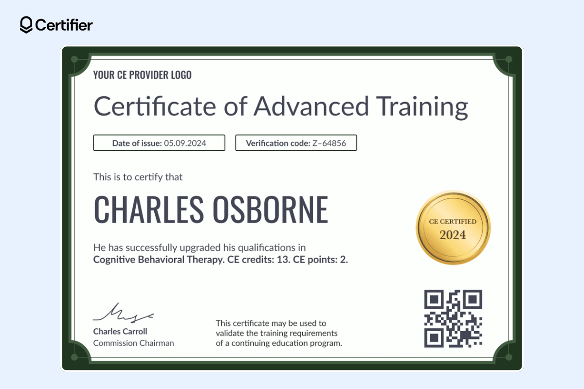 Well-organized certificate of advanced training with dark borders, a QR code and a golden badge.