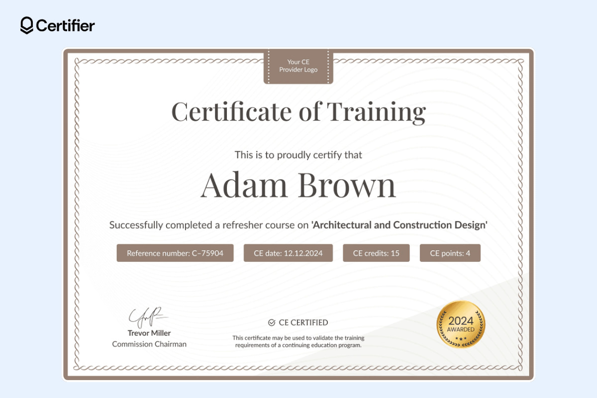 Certificate of training with golden badge, certificate details tags and signatures.
