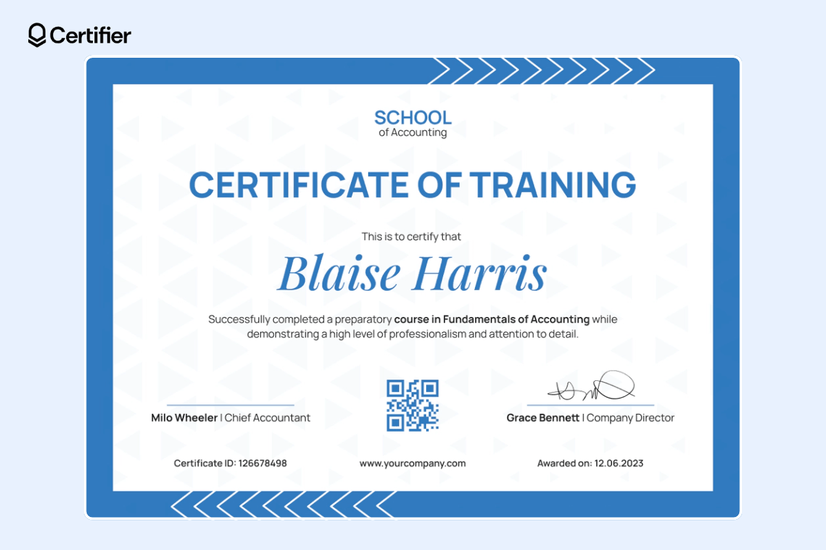 Certificate of training in blue colors with a QR code and recipient's name at the center stage.