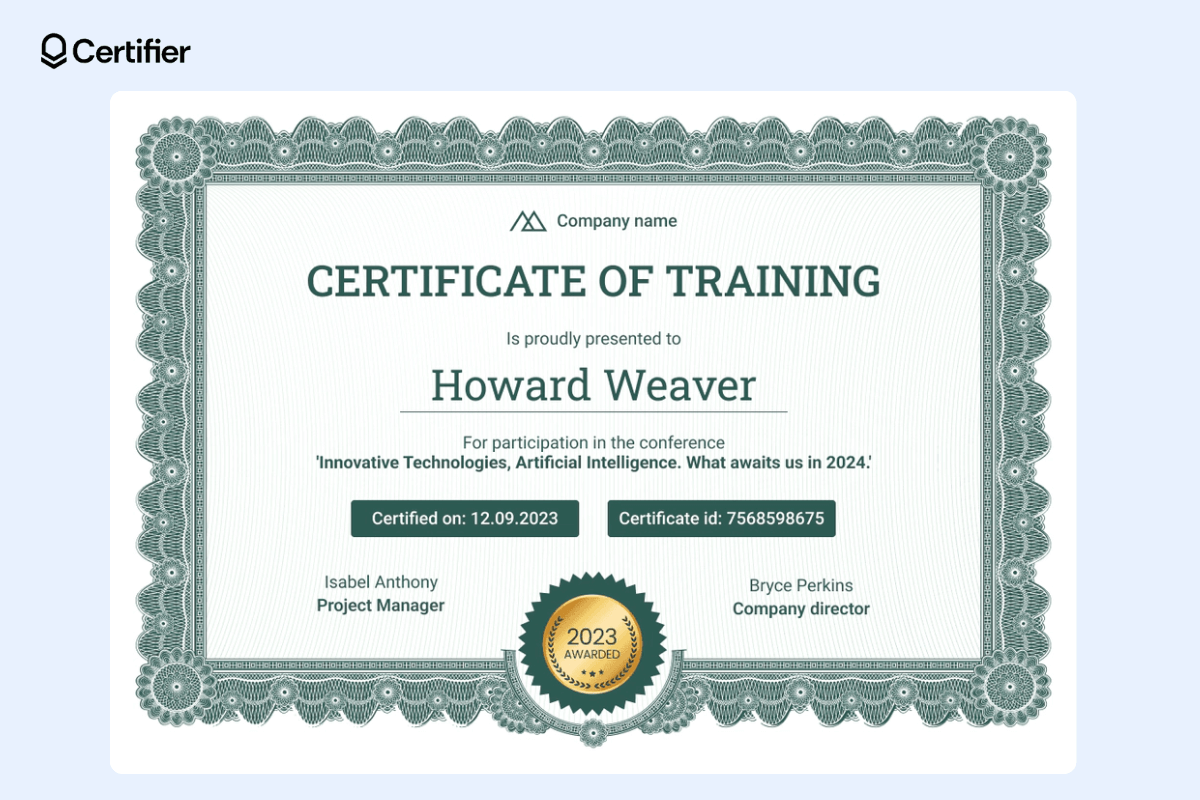 Traditional training certificate template with decorative borders in green color.