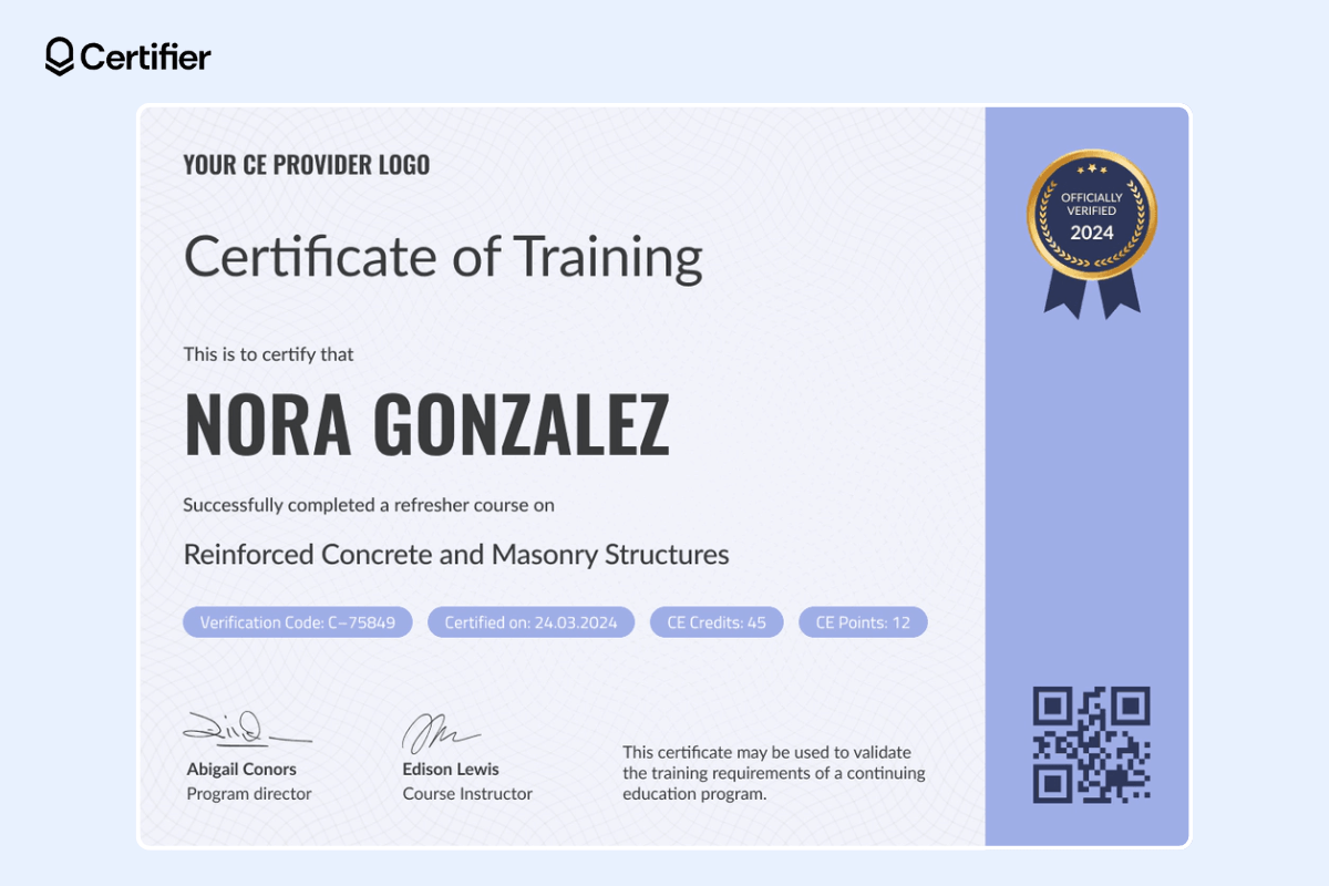 Certificate of training template with violet background and a QR code.