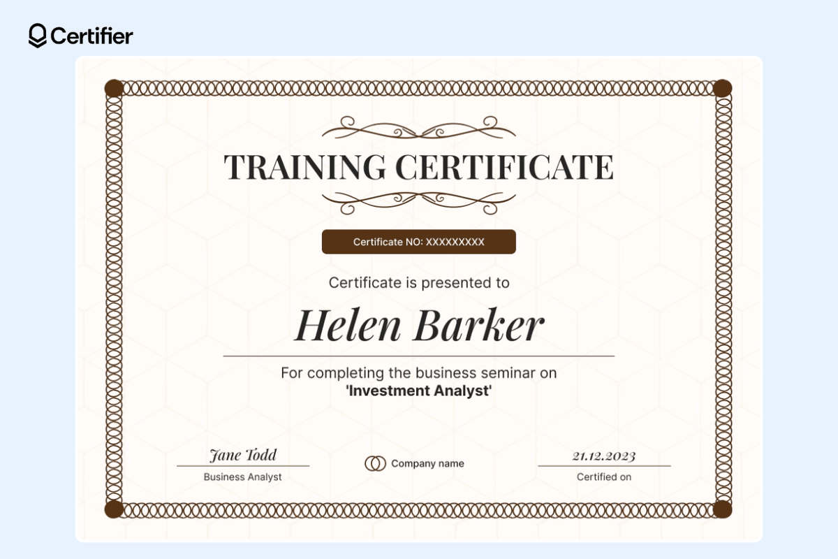 Elegant and printable training certificate template with subtle decorative ornaments and the recipient's name at the center.