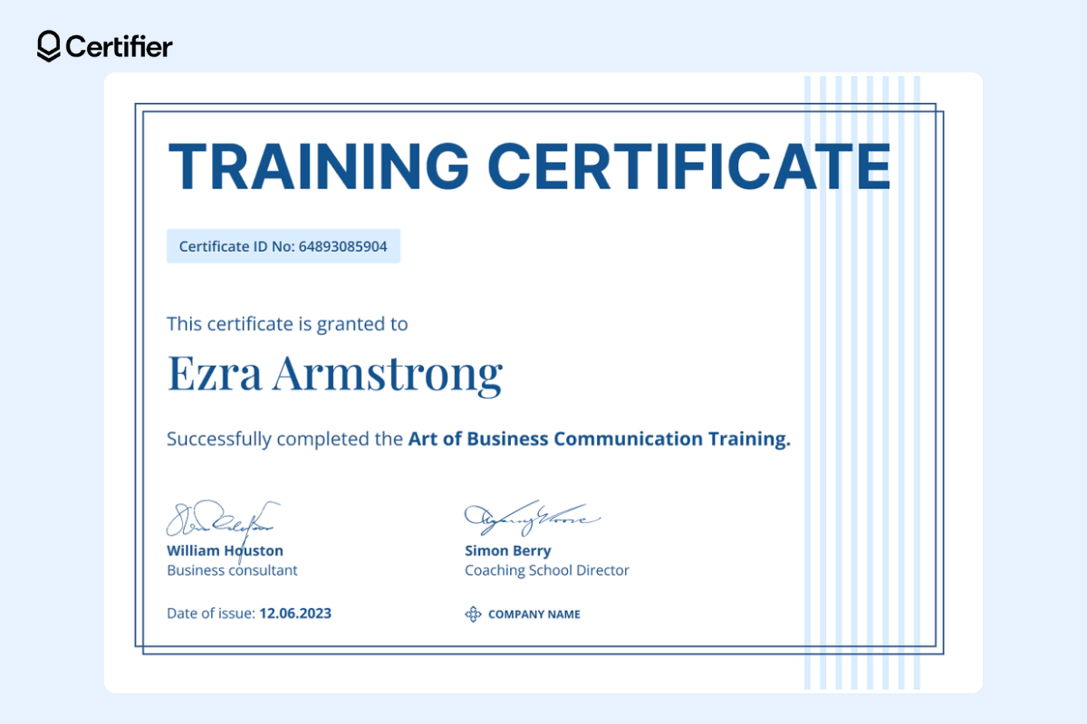 Bright blue training certificate with signatures and space for the recipient's name and training details.