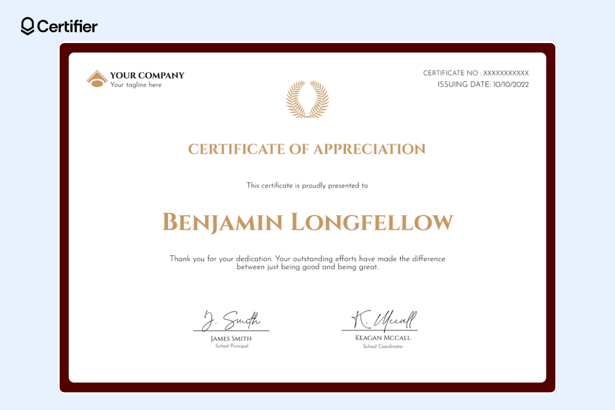Classic certificate of appreciation in PowerPoint format with subtle brown colors and wide borders.