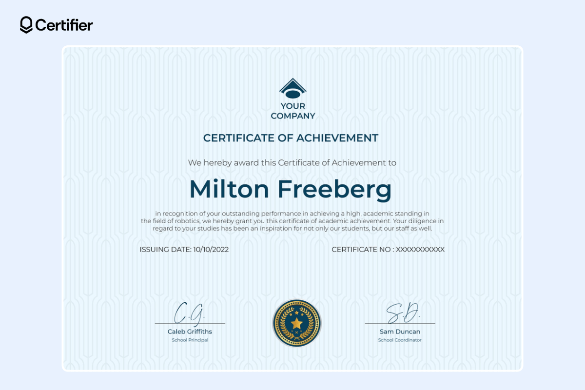 Humble certificate of awesomeness from free powerpoint certificate templates library in subtle blue color with a badge at the center stage.