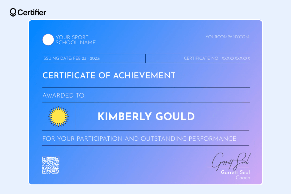 Pastel blue PowerPoint certificate template with a QR code and a signature.