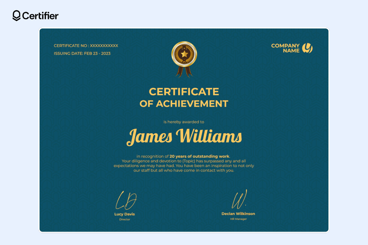 Dark blue simple certificate template powerpoint with golden/yellow elements and the dedicated place for certificate number and issuing date.