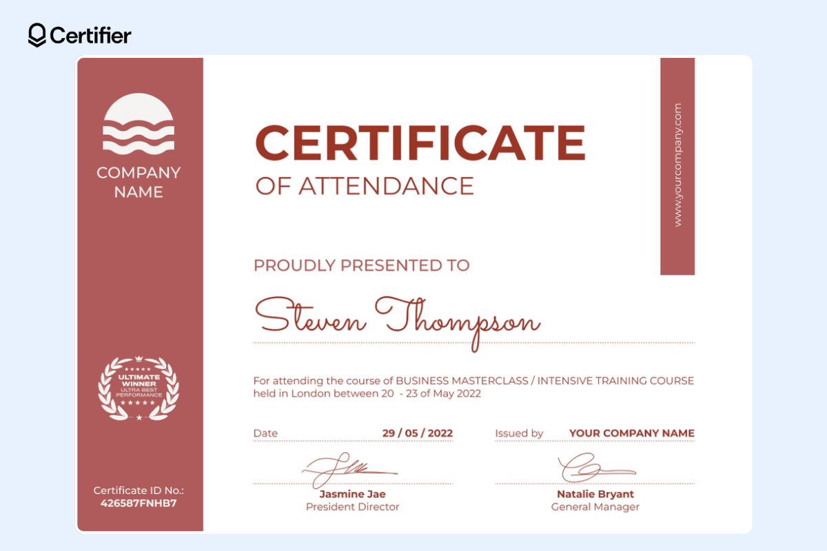 Simple red free powerpoint certificate template with organized layout and dedicated place for date and issuer's company logo.