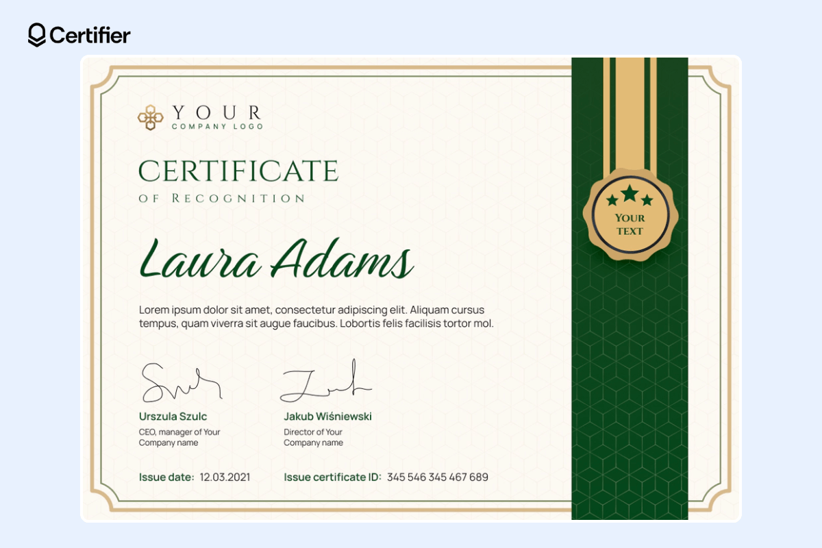 College style slick certificate template powerpoint with green ribbon on the right.