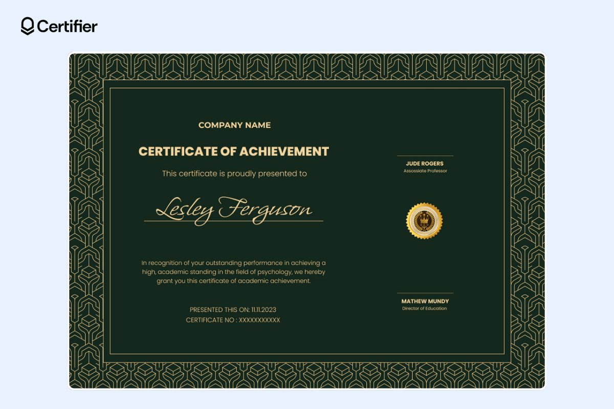 Green certificate template powerpoint with golden elements.