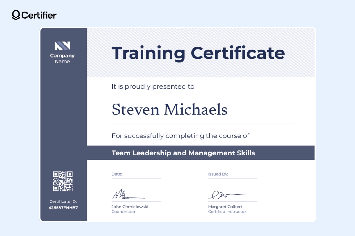 Modern and organized training certificate PowerPoint with dedicated place for QR code, certificate ID and date.