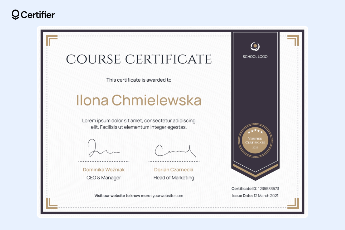 Traditional certificate template PowerPoint with subtle brown and gold elements, ribbon on the right, and dedicated place for Certificate ID and issue date.