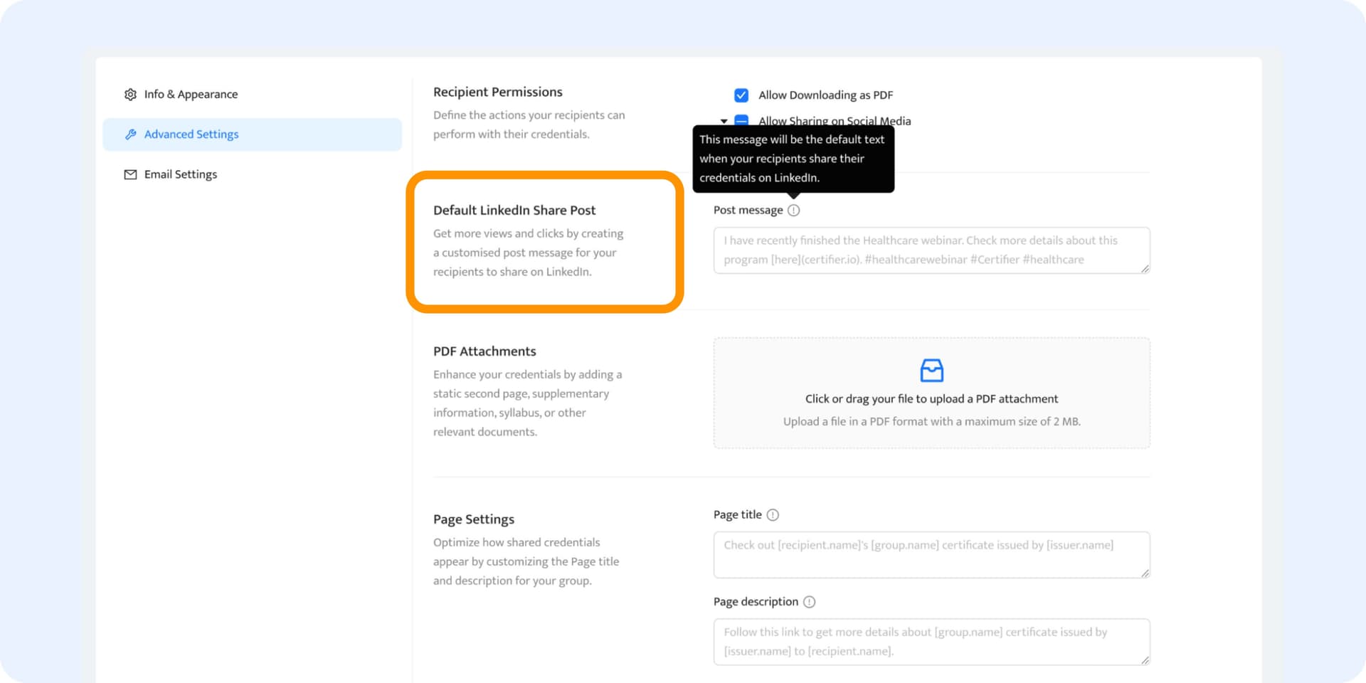 Default LinkedIn share post that you can set up in the Certifier setting options. Default LinkedIn share post that you can set up in the Certifier setting options.