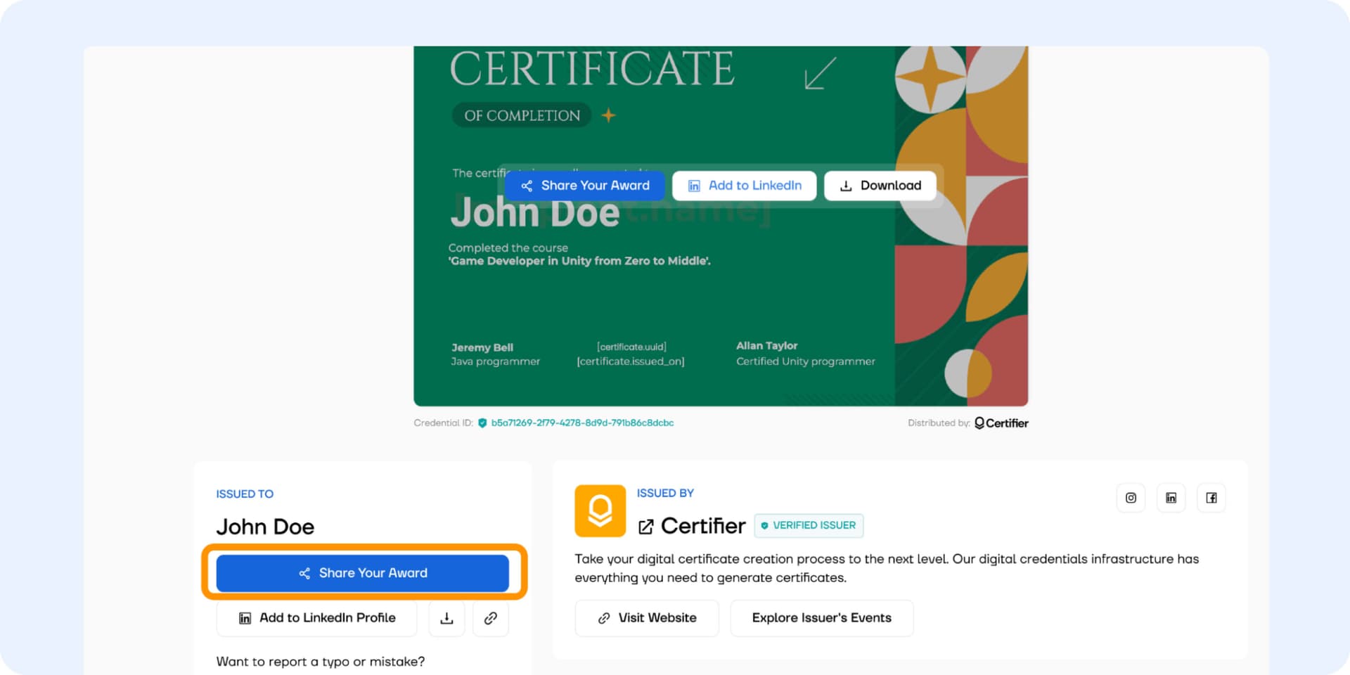 Sharing the credential as a LinkedIn post via the recipient's wallet. Sharing the credential as a LinkedIn post via the recipient's wallet.