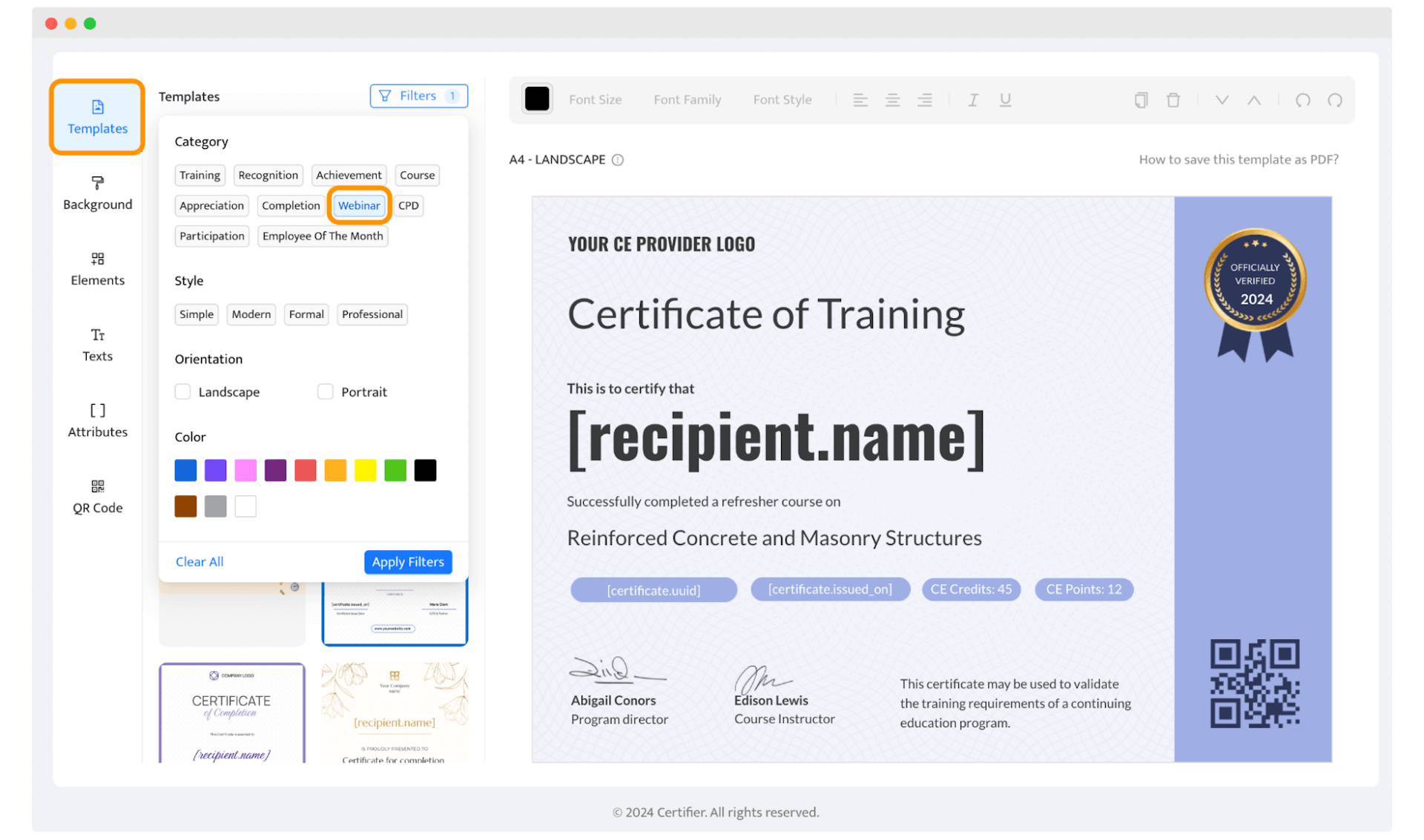 Zoom webinar certificate design within the Certifier tool.