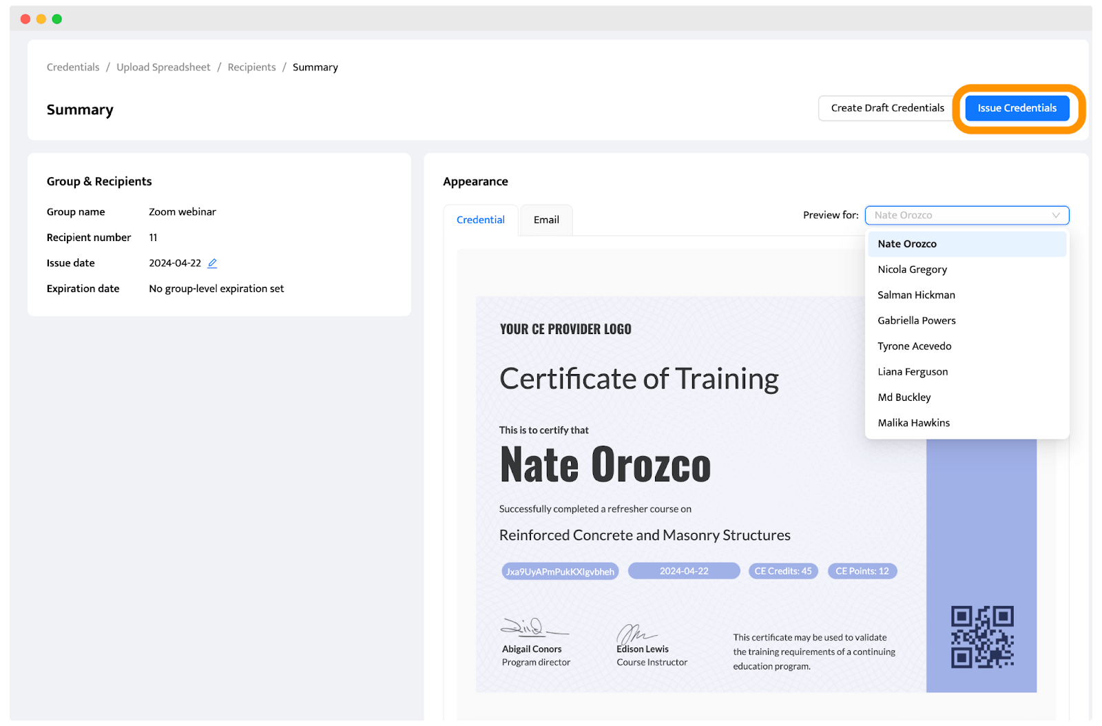 Sending zoom training certificates preview feature.