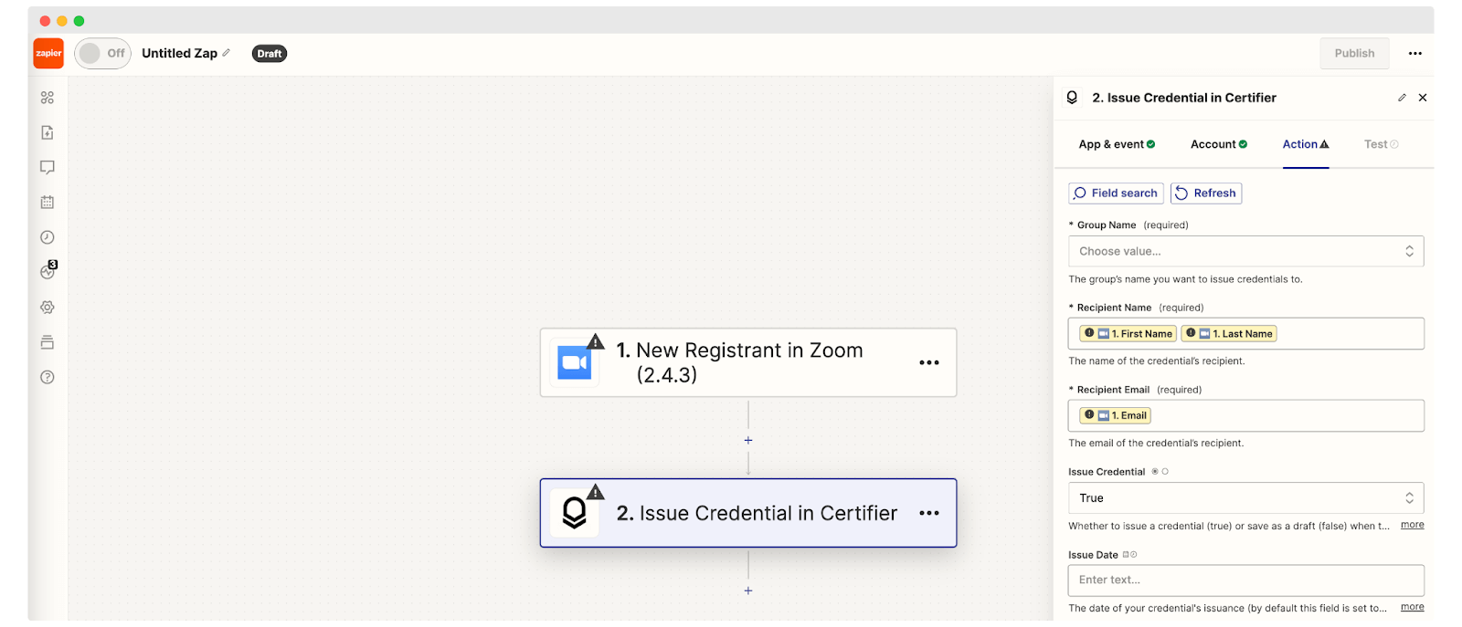 Creating an action in zapier for zoom webinar certificates.