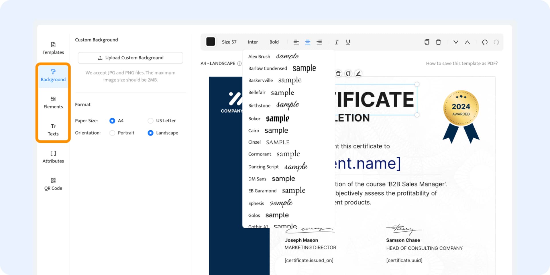 Customizing the QR code certificate template. Customizing the QR code certificate template.
