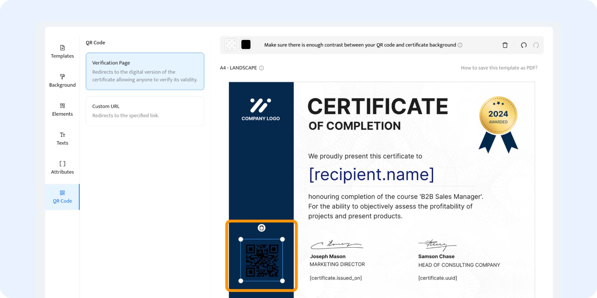 Adding the QR code on the certificate to the verification page. Adding the QR code on the certificate to the verification page.