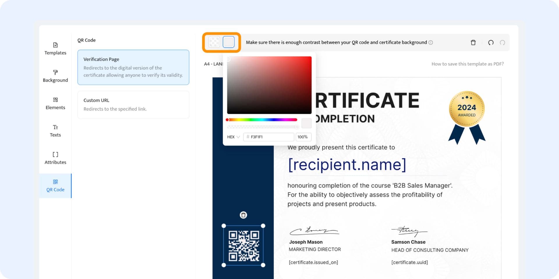 Changing the QR code color within the Certifier dashboard. Changing the QR code color within the Certifier dashboard.