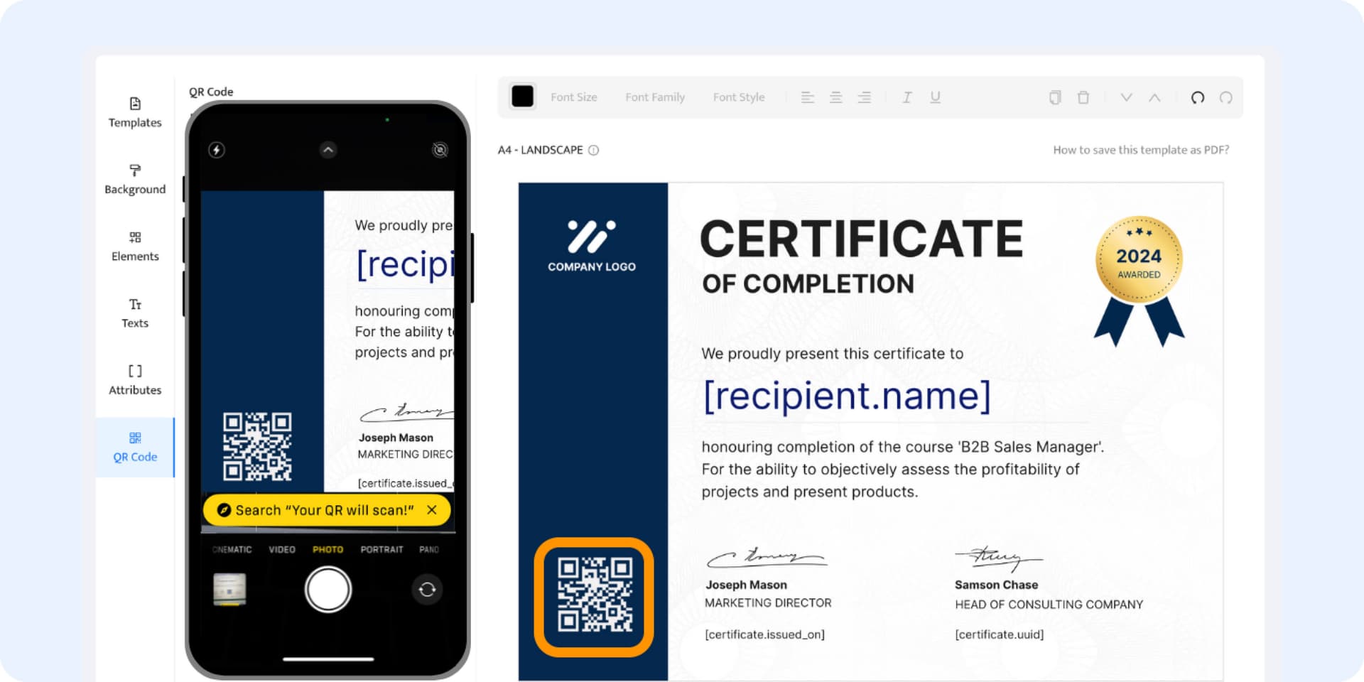 Scanning the QR code on the certificate that leads to the verification page. Scanning the QR code on the certificate that leads to the verification page.