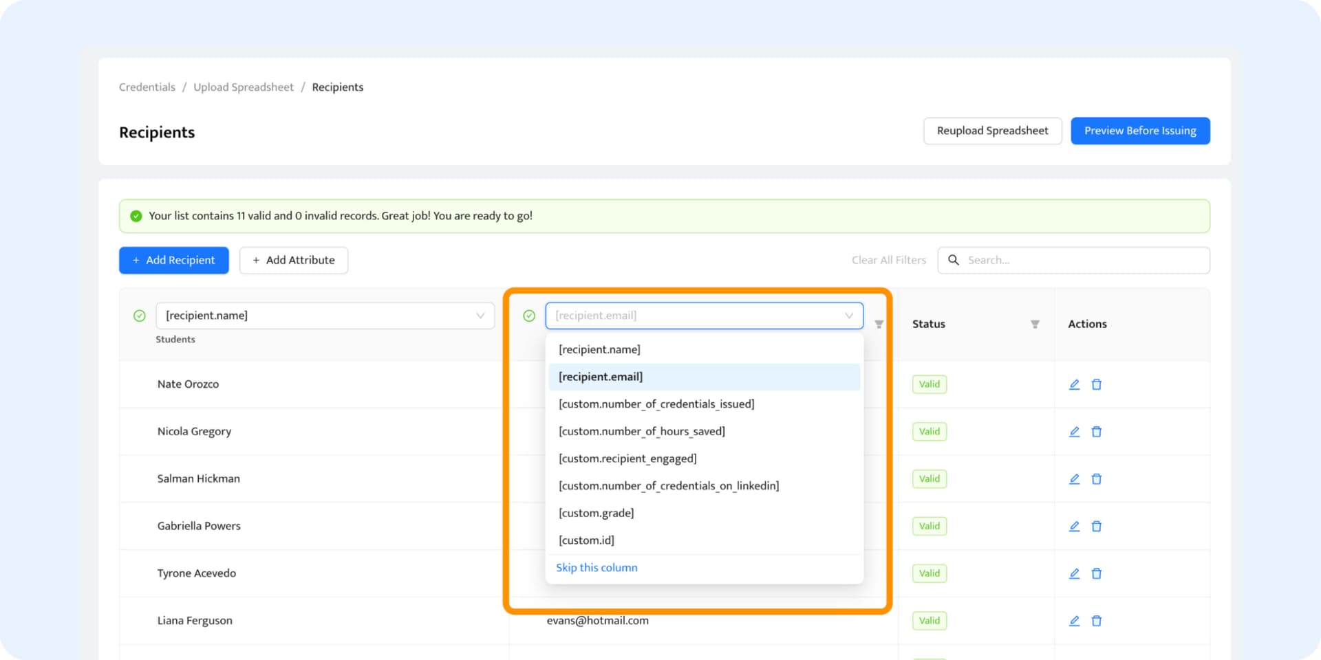 Mapping out the data from the spreadsheet with the Certificate attributes. Mapping out the data from the spreadsheet with the Certificate attributes.