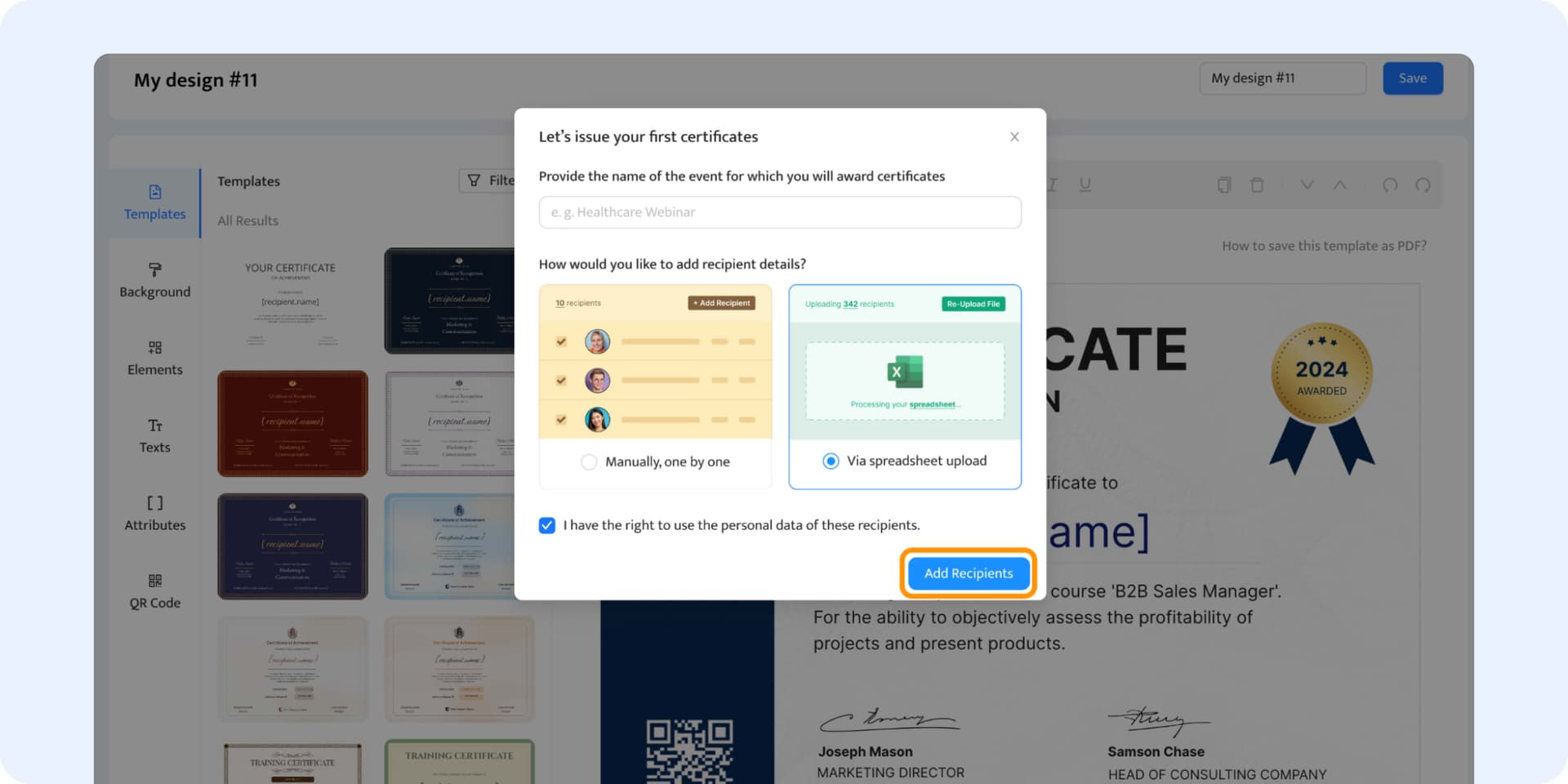 Uploading the recipients details within the QR code certificate generator. Uploading the recipients details within the QR code certificate generator.
