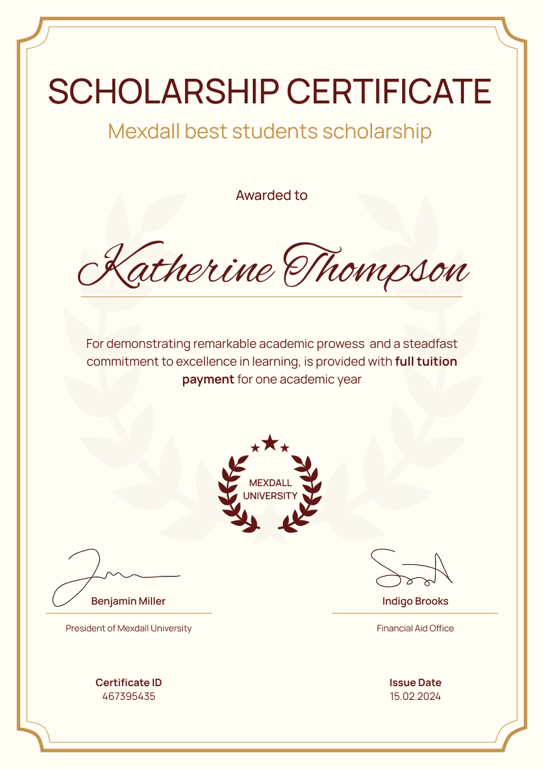 Refined and professional scholarship certificate template Refined and professional scholarship certificate template