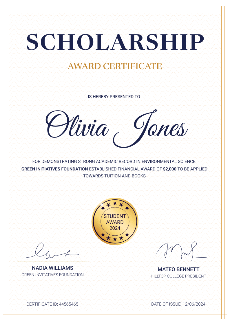 Graceful and formal scholarship certificate template Graceful and formal scholarship certificate template