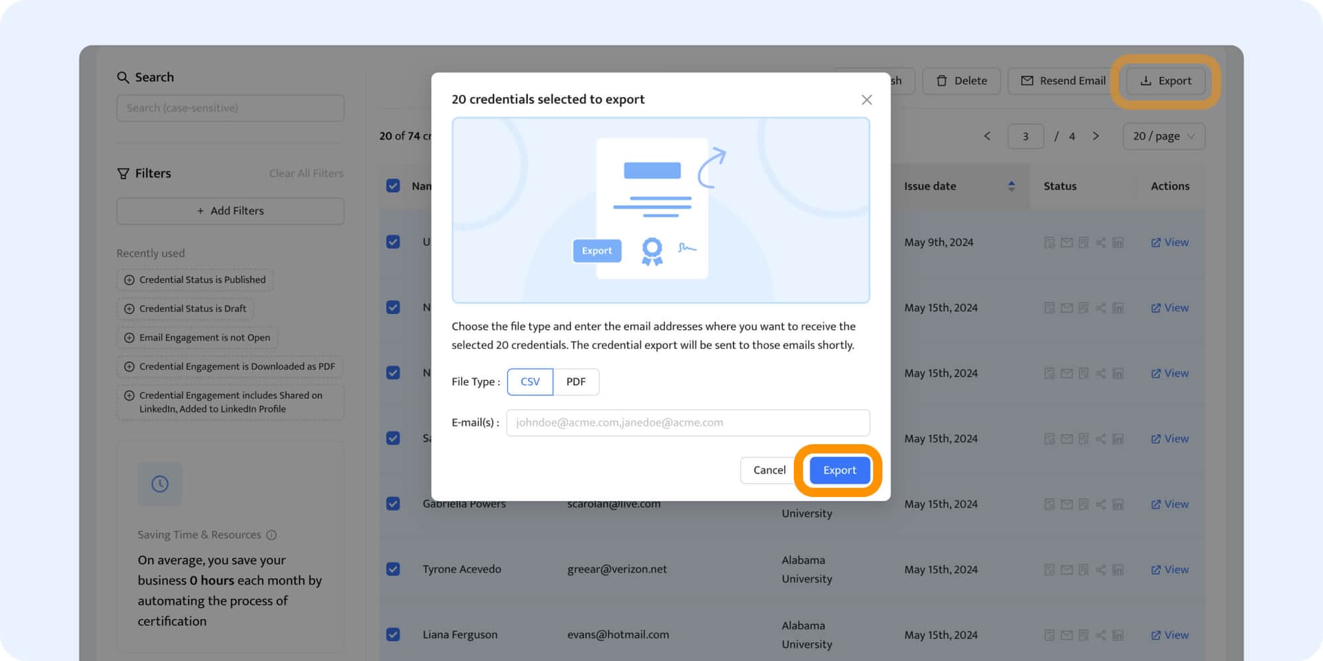 Exporting the spreadsheet with all badges details. Exporting the spreadsheet with all badges details.