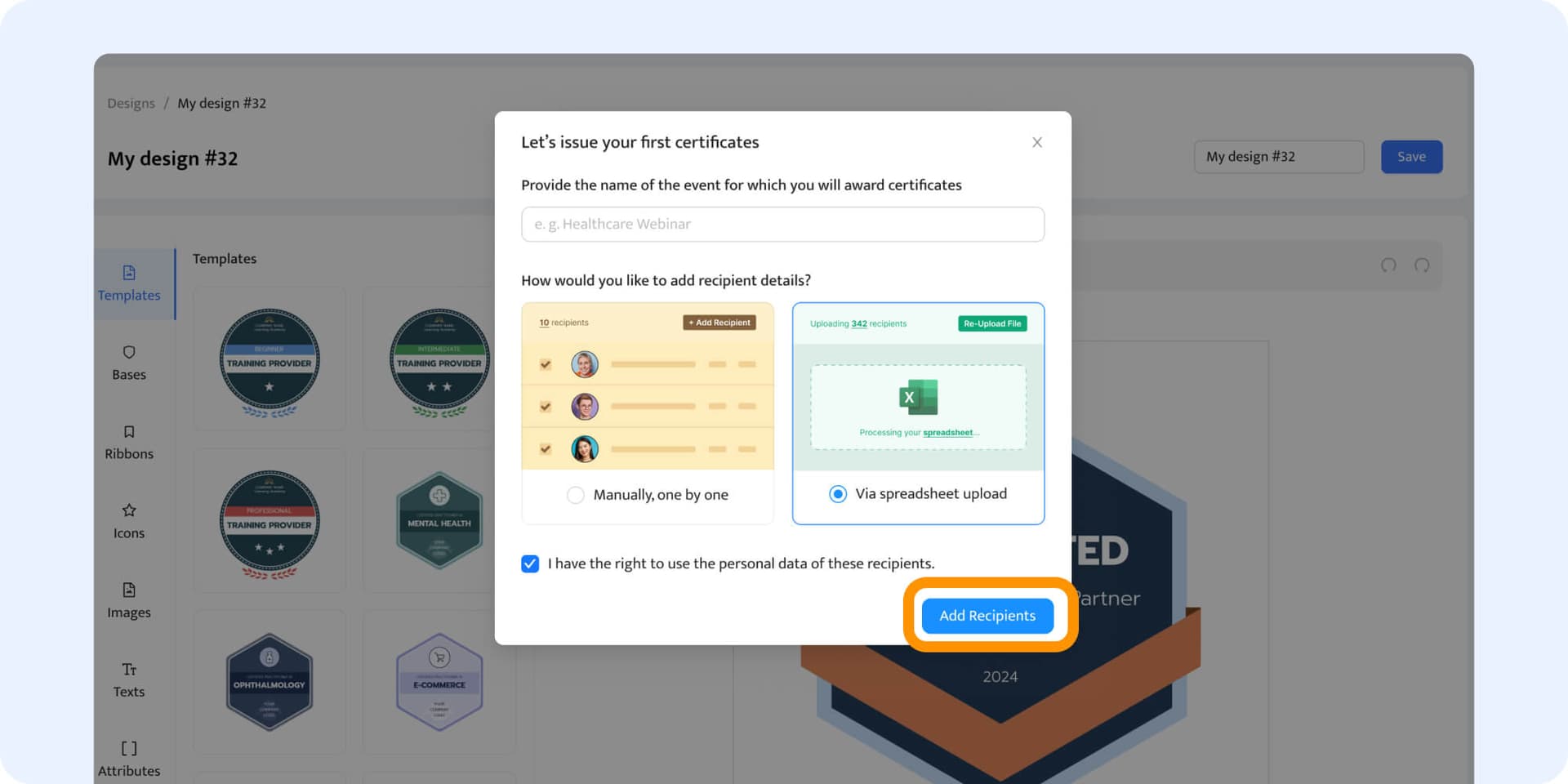 Uploading recipients' data to generate badges in bulk. Uploading recipients' data to generate badges in bulk.
