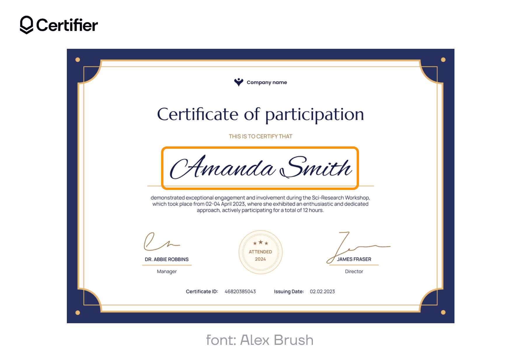 Certificate featuring Alex Brush, one of the best cursive fonts on Google Docs. Certificate featuring Alex Brush, one of the best cursive fonts on Google Docs.